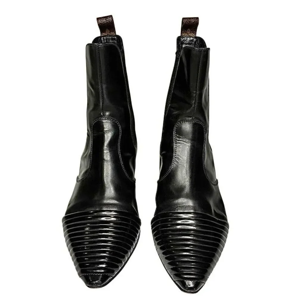 Louis Vuitton Monogram Pointed Toe Chelsea Ankle Boot Heels Black Leather EU 37
